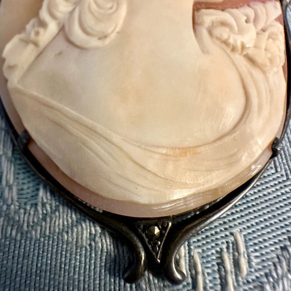 Antique Vintage Womens Pin Pendant 925 Sterling Silver Shell Cameo Brooch - Picture 5 of 16